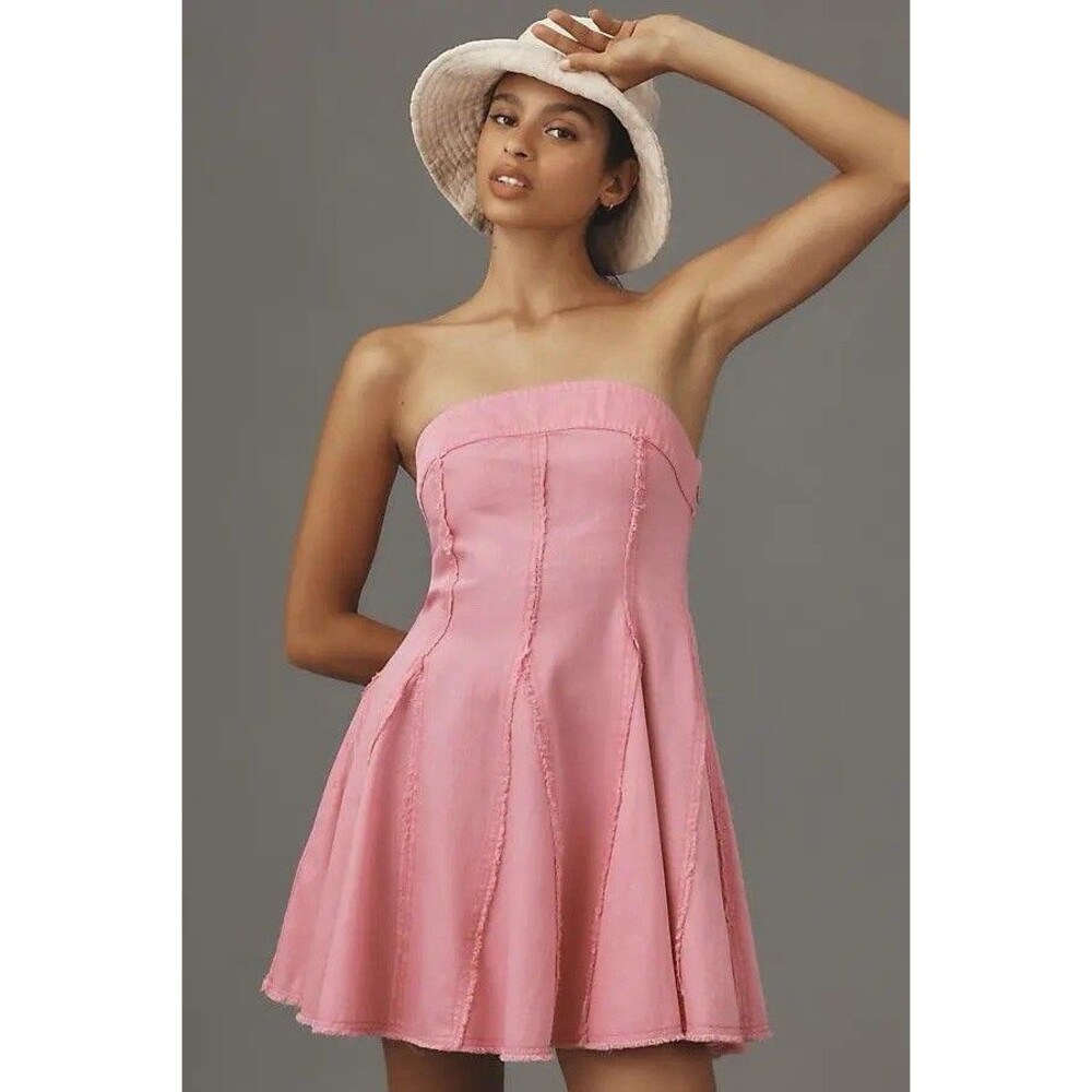 anthropologie Pilcro Strapless Denim Pink  Mini Dress Pockets Size Xl Cotton